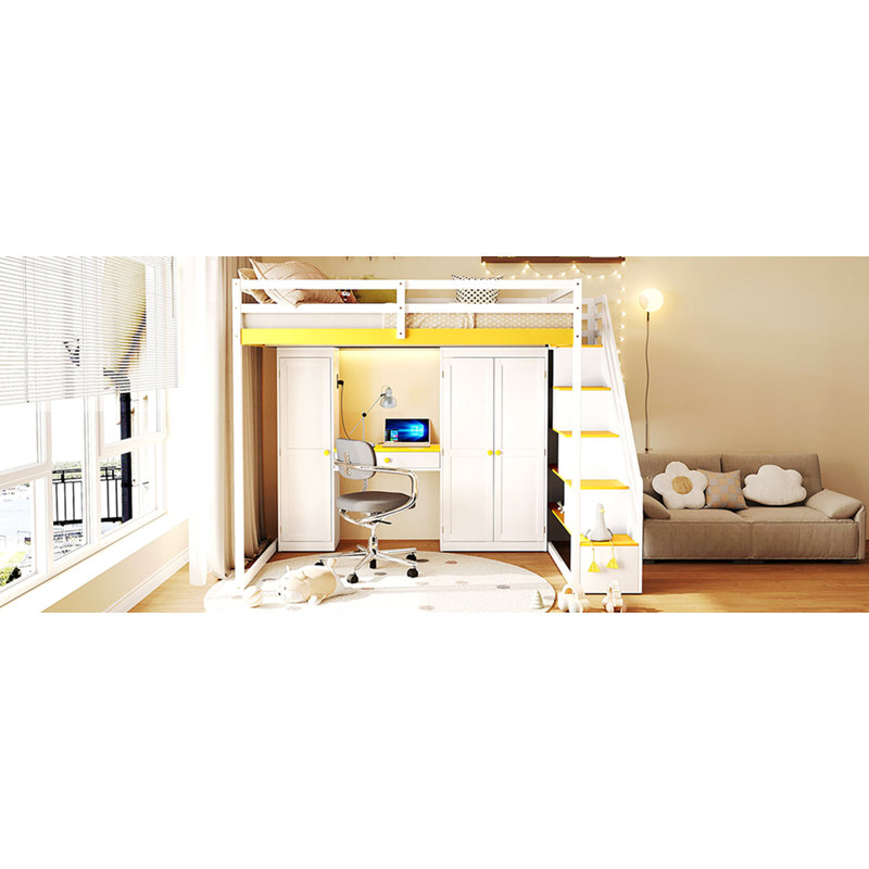 Lit mezzanine double avec escalier de rangement, coiffeuse intégrée avec miroir et tiroir, garde-robe et armoires, ports et lumières de charge USB, blanc et jaune