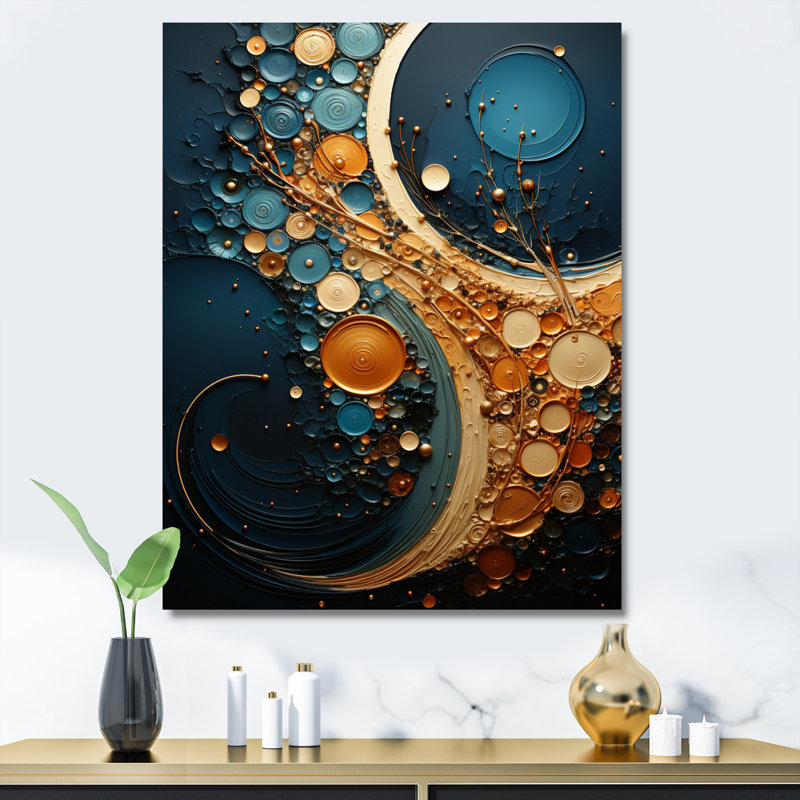 «Nishchal Gold Teal Abstract Spirals II», reproduction sur toile, H 40 po x l 30 po x P 1,5 po