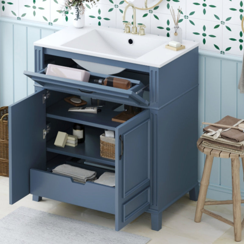 Meuble-lavabo de 30 po avec lavabo en céramique, armoire de rangement en bois massif avec portes à fermeture douce