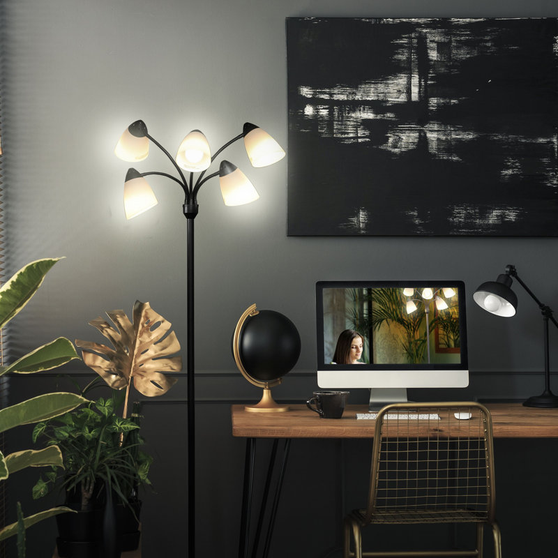 Medusa 74 in. Modern 5-Light Height Adjustable Gooseneck LED Floor Lamp with 5 Cone Shades, Black