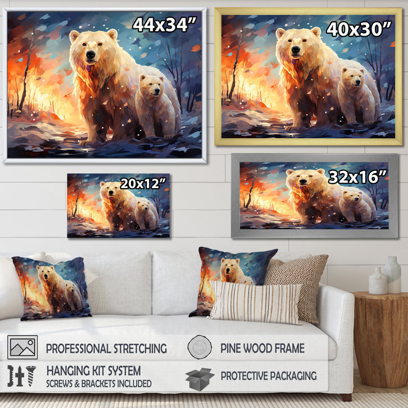 Famille d'ours polaire Starlit en hiver IV - Ours 2, art mural, Cadre de coin blanc fermé, H 34 po x l 44 po x P 1,5 po