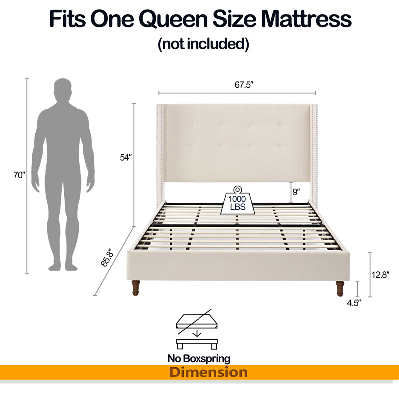 Upholstered Bed, Ivory, Queen