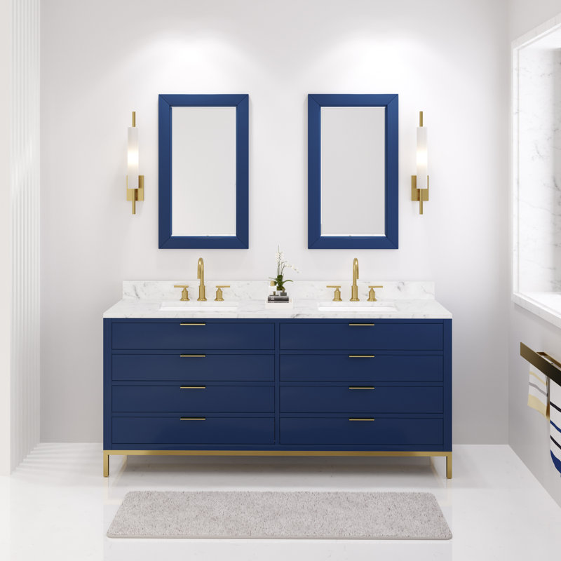 Bristol 72 In. Double Sink Carrara White Marble Countertop Bath Vanity In Monarch Blue With Satin Gold Gooseneck Faucets