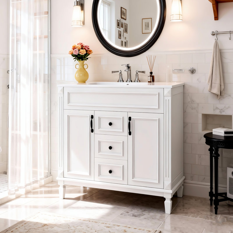 Meuble-lavabo simple 36 po avec 2 portes et tiroirs à fermeture douce, Blanc