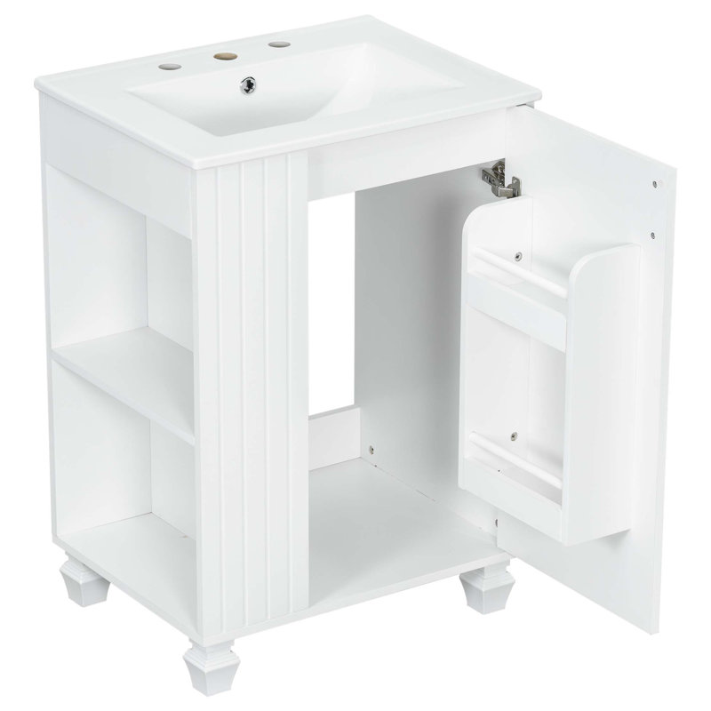 Meuble-lavabo 24 po avec lavabo, armoire de salle de bain avec tablette de porte, rangement latéral ouvert, structure en bois massif, porte à fermeture douce