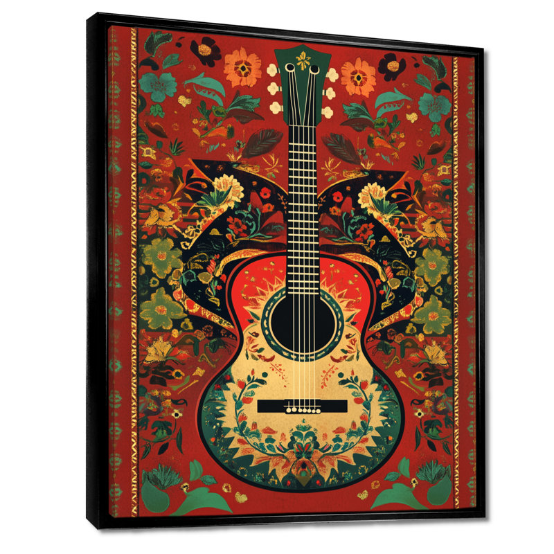 «Mariachi» Guitare de couleur populaire I - Toile tendue avec galerie Fiesta, 32" H x 24" W, Cadre flottant noir