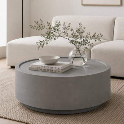 28" Round Indoor/Outdoor Coffee Table,Modern Cylinder Accent End Table-Neutral Gray