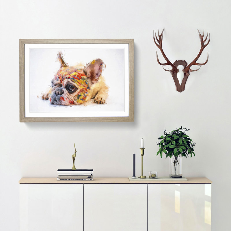 Painted French Bulldog in Abstract - Framed Print, 27cm H x 36cm W x 2cm D, Oak Framed