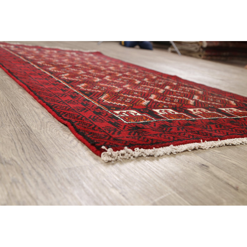 Tapis rouge en laine noué à la main de conception unique 3 pi 2 po x 6 pi 1 po Raife