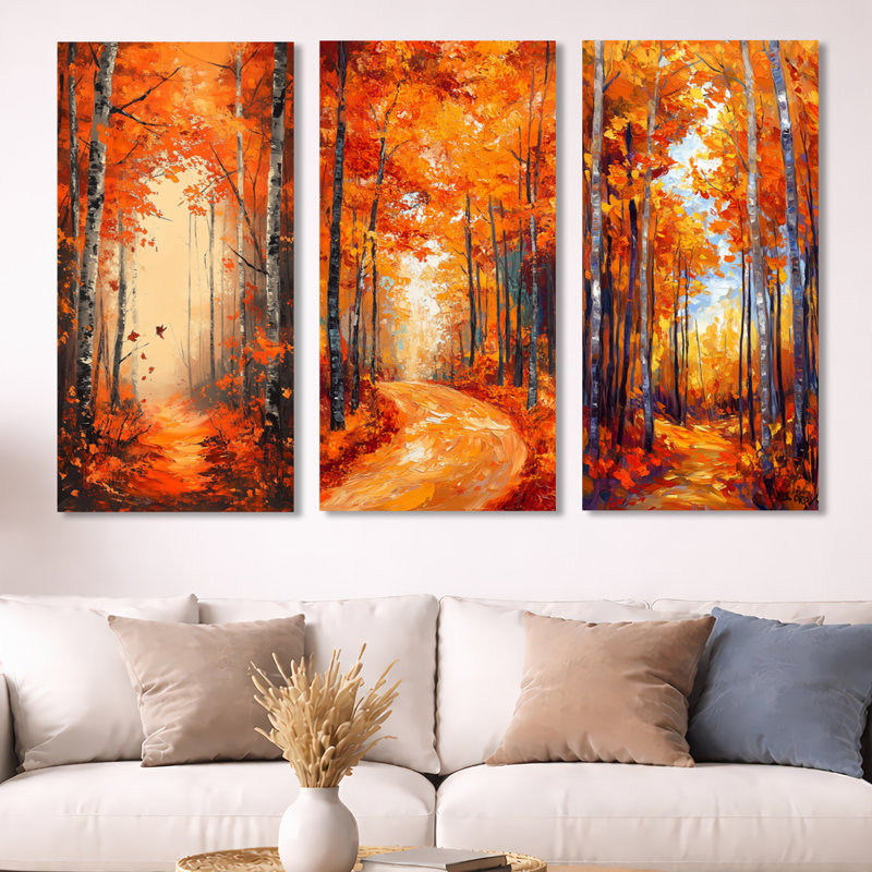 «Wild Brush Autumn Forest - Érable», art mural encadré à 3 panneaux, H 40 po x l 60 po, Toile tendue