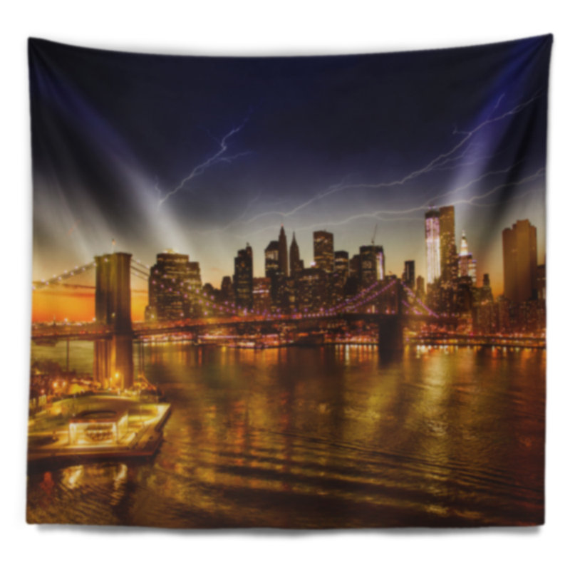 Paysage urbain de manhattan, coucher de soleil sur la tapisserie de l'east river, H 32 po x l 39 po