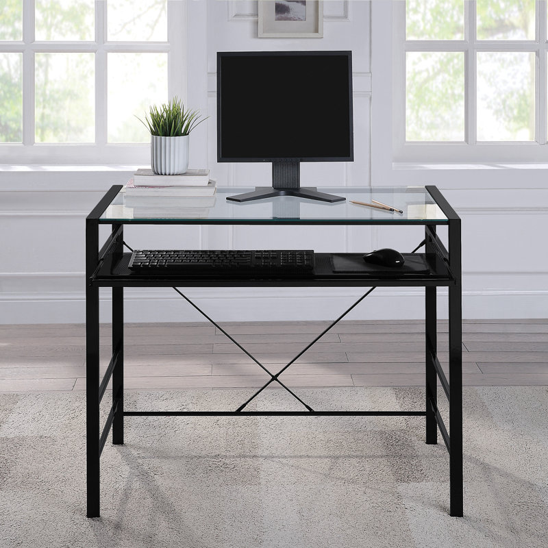 Glass Top Metal Base Computer Desk, Clear/Black