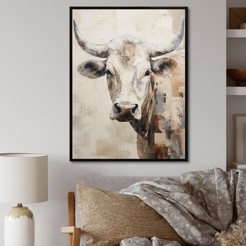 Beau portrait de bovin beige - salon d'art mural, H 40 po x l 30 po x P 1,5 po, Cadre flottant noir