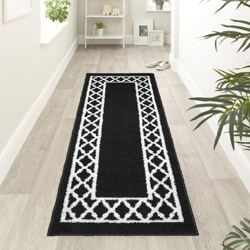Home Decor Luxury Non-Slip Rubber Backing Safety Soft Runner Area Carpet Floor Area Rug Indoor Interior Accent Decorative Mat, Black Color Moroccan Trellis Design, 20 x 72 Inch