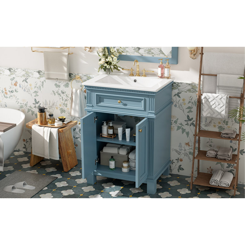 Armoire de salle de bain 24 po avec portes à fermeture douce et tablette réglable, meuble-lavabo avec lavabo en céramique