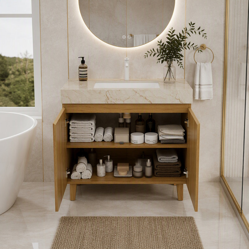 Meuble-lavabo avec lavabo en céramique et comptoir en pierre frittée veinée, sur pied, 1, 36", Beige et or