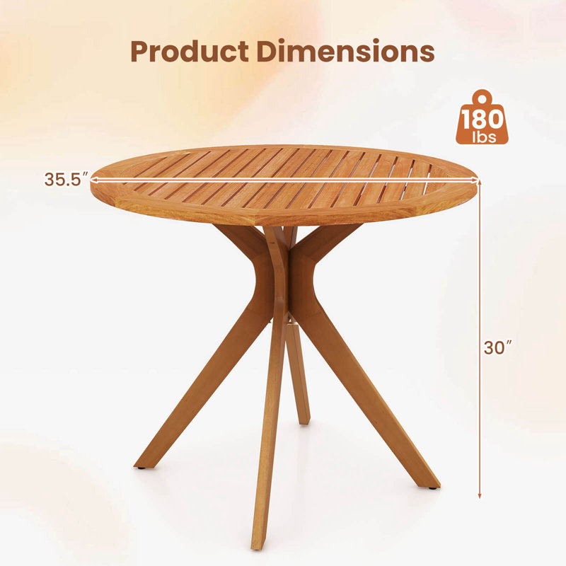35.5 Inch Patio Wood Dining Table With Slatted Tabletop & Curved Legs For Backyard