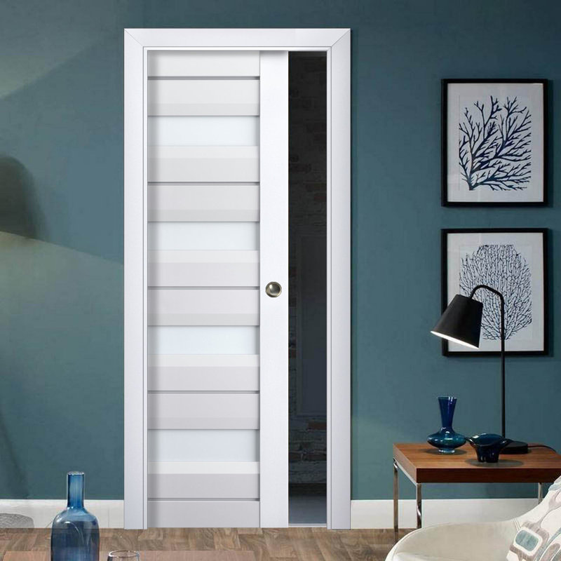 Porte coulissante à galandage avec vitrage dépoli | Veregio 7455 Blanc Soie | Ensemble de garnitures, rails et quincaillerie | Porte en bois massif robuste pour chambre à coucher - 107 cm x 203 cm