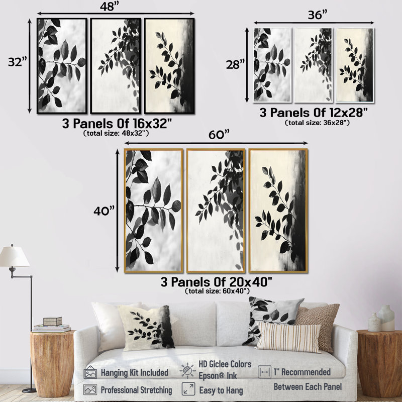 Feuilles noires, ombre, silhouette I - Collection d'impressions sur toile traditionnelles, Impression encadrée flottante