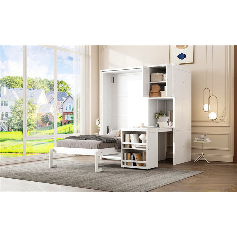 Lit escamotable mural simple avec bibliothèque, tablette supérieure, bureau extensible et rangement latéral, blanc