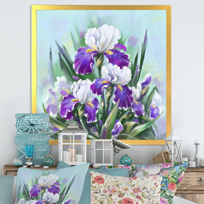 Fleurs et iris mauves en fleurs, H 16 po x l 16 po x P 1 po, Impression dorée sur toile encadrée