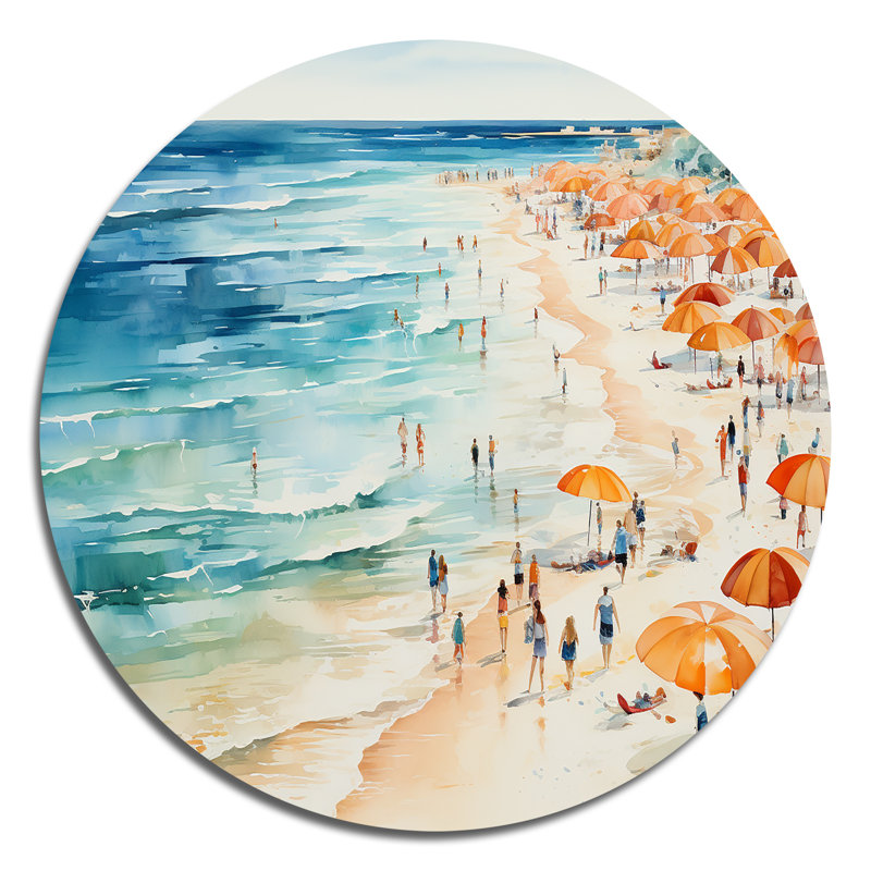 Beach Day Umbrella Parade V - Beach Round Art en métal, H 23 po x l 23 po