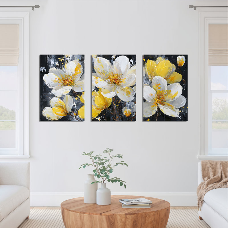 Toile tendue sur châssis, motif floral blanc et jaune, abstrait (paquet de 3), H 18 po x l 36 po