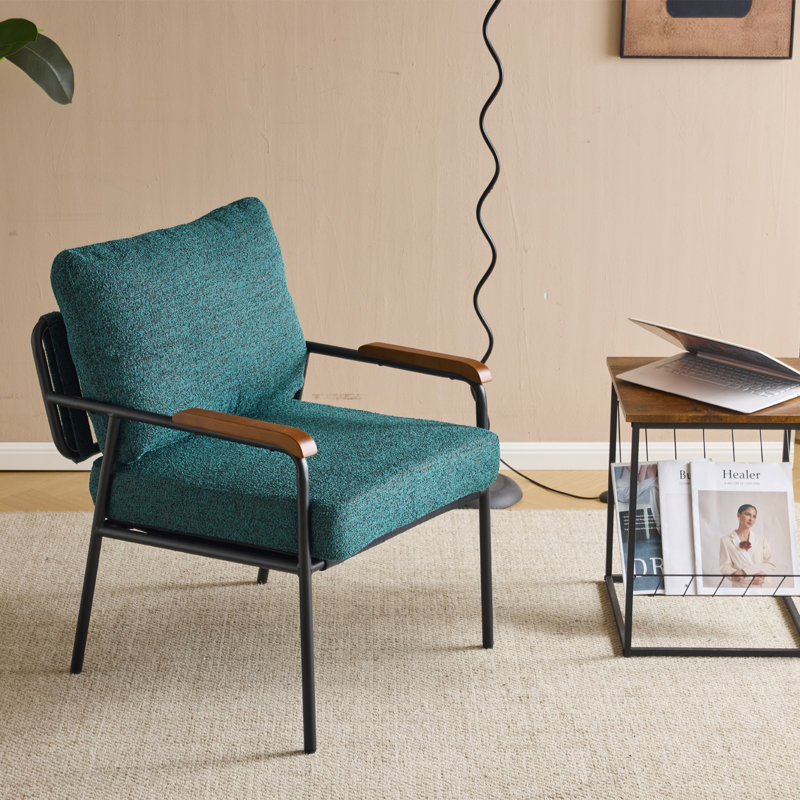 Lemley Linen Upholstered Armchair with Wood Arms, Green Linen