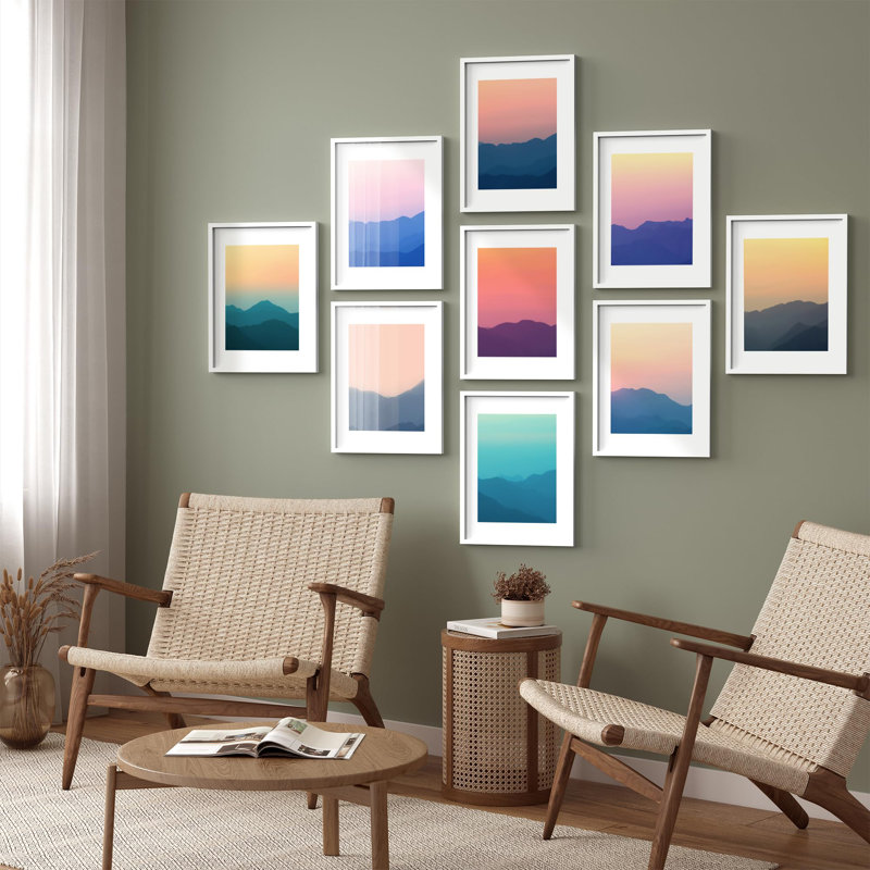 Ensemble de galerie d'art mural encadré, montagne et ciel, silhouette colorée, art sauvage moderne pour chambre à coucher, salon, bureau - 11 po x 14 po x 9 blanc