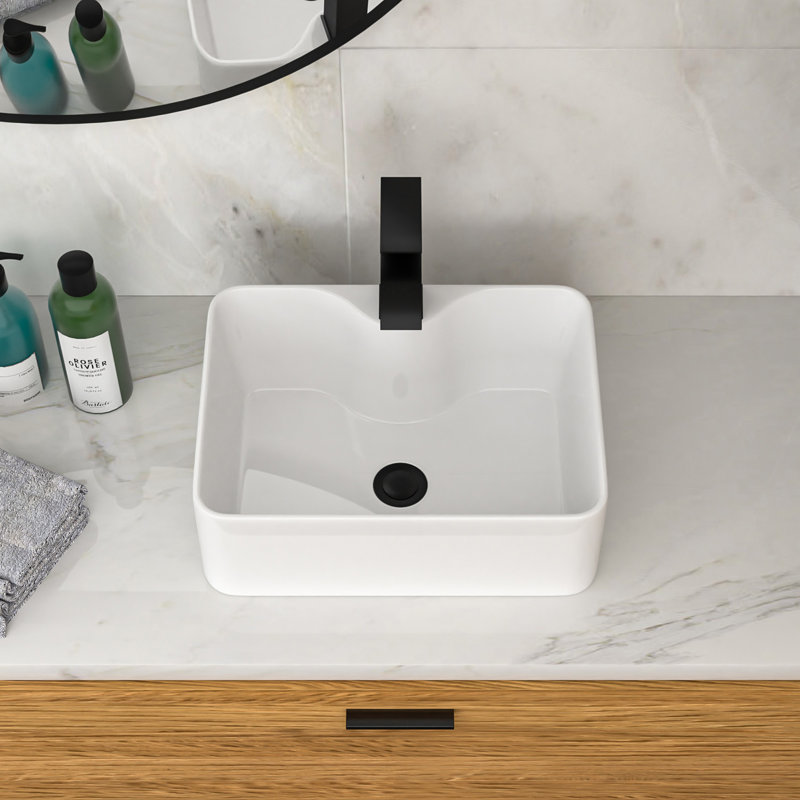16"X12" White Ceramic Rectangular Vessel Bathroom Sink With Black Faucet & Black Drain