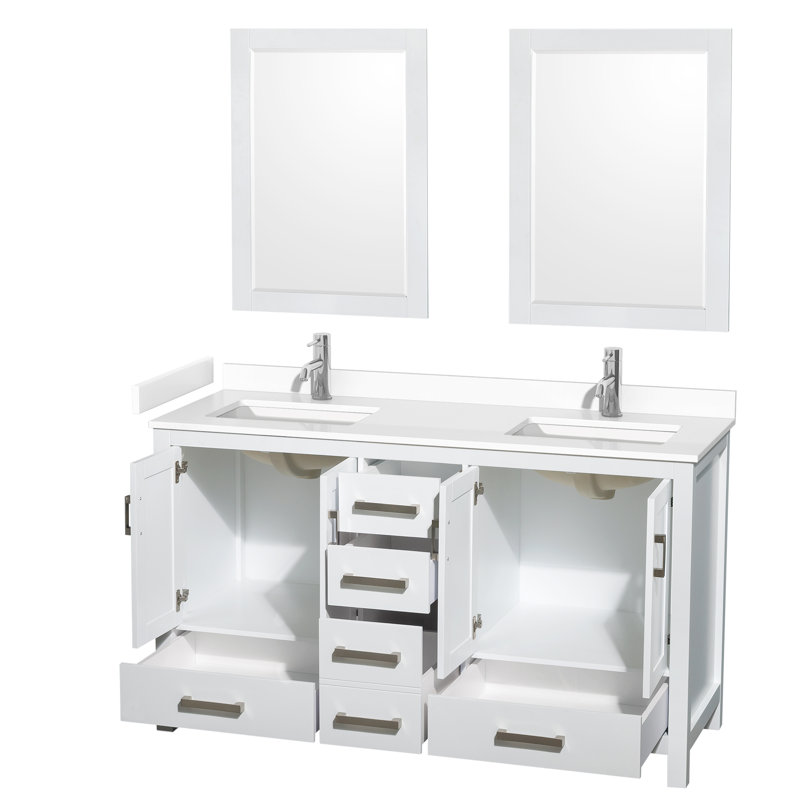Sheffield 60" Bathroom Vanity Set with 24" Mirror, White Cultured Marble, White