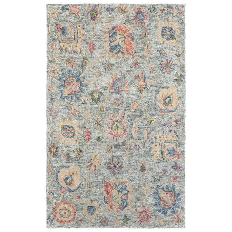 Tapis floral beige en coton touffeté à la main Metro, Rectangle 3 pi x 5 pi