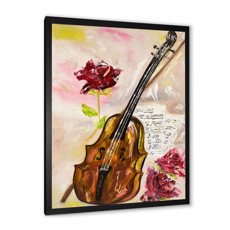 Violon et roses - sur, Impression noire sur toile encadrée, H 20 po x l 12 po x P 1 po