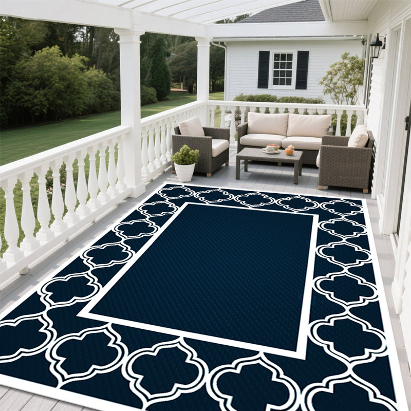Outdoor Rug, Blue and White Foldable and Reversible Plastic Straw Rug for Camper, Deck, Porch, Picnic, Beach, Balcony