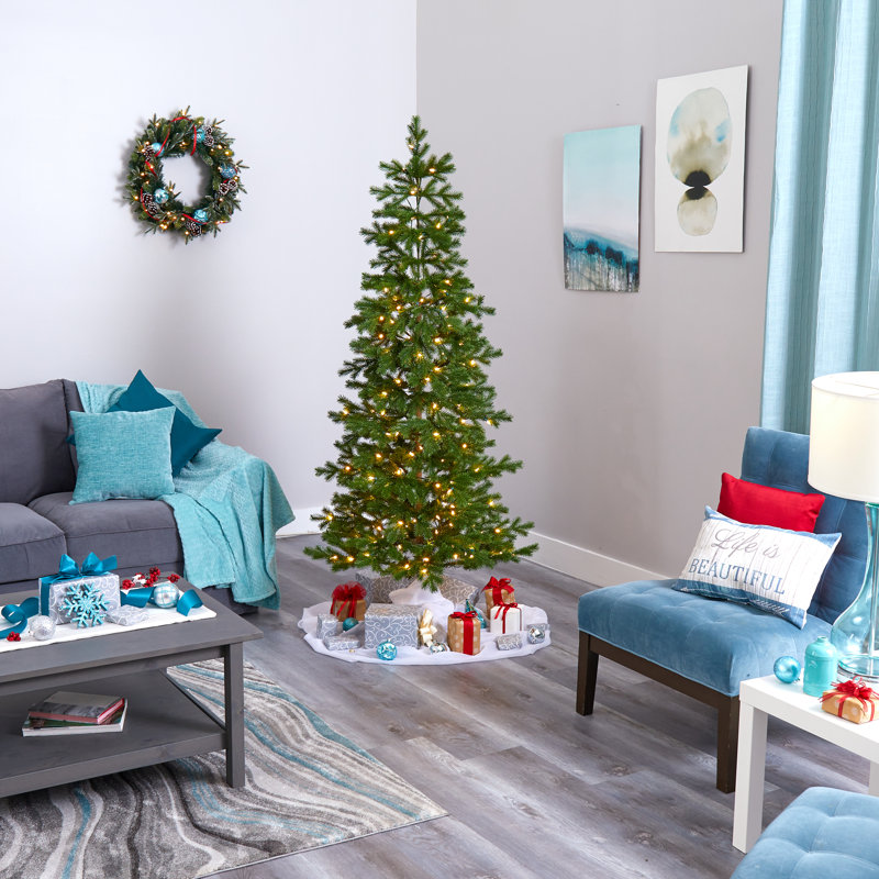 Arbre de Noël artificiel épinette vert avec lumières claires/blanches, H 6 pi 6 po