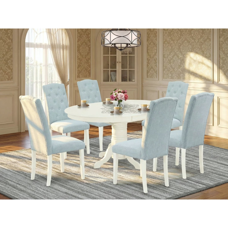 Ensemble de table de salle à manger 7 pièces 7 pièces, Lin blanc, Bleu pastel, 7 pièces : table, 6 chaises