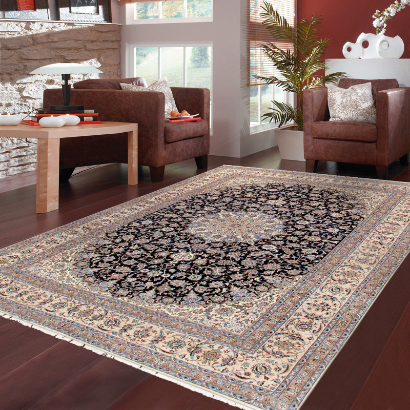 Tapis unique en laine noué à la main bleu marine / beige / brun de 11 pi 10 po x 18 pi Nain