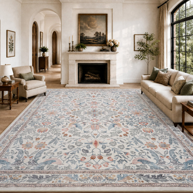 Soft Multicolor Vintage Floral Washable Non-Slip Area Rug for Living Room & Bedroom, Rectangle 9' x 12'