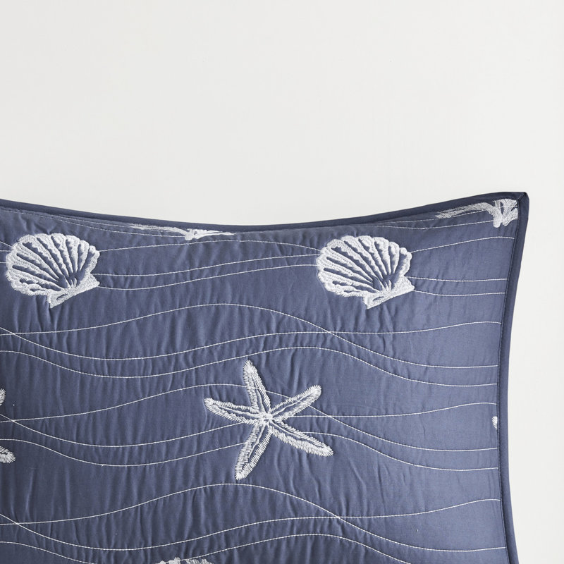 Courtepointe en coton bleu marine - 100% avec étoile de mer brodée, literie 4 pièces lavable à la machine