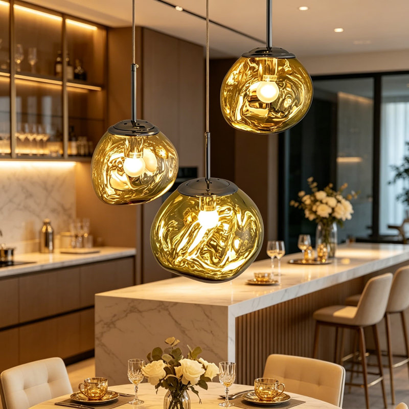 Luminaire suspendu moderne à 3 lumières avec finition miroir et effet lave, abat-jour irréguliers soufflés à la main, éclairage en grappe à hauteur réglable pour îlot de cuisine, salle à manger, salon, câblé, doré