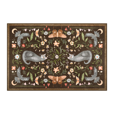 Floral and Cat Washable Rug for Bathroom, Living Room and Bedroom