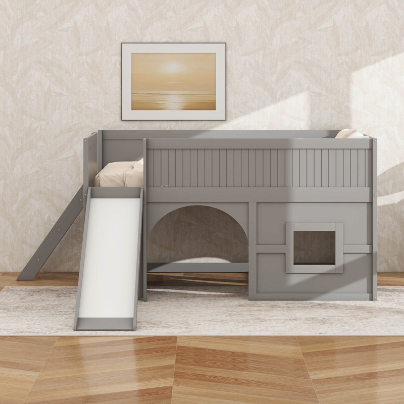 Lit mezzanine double pleine grandeur avec glissade, cadre de lit mezzanine en bois avec portes et tablettes de rangement, cadre de lit ludique avec glissade