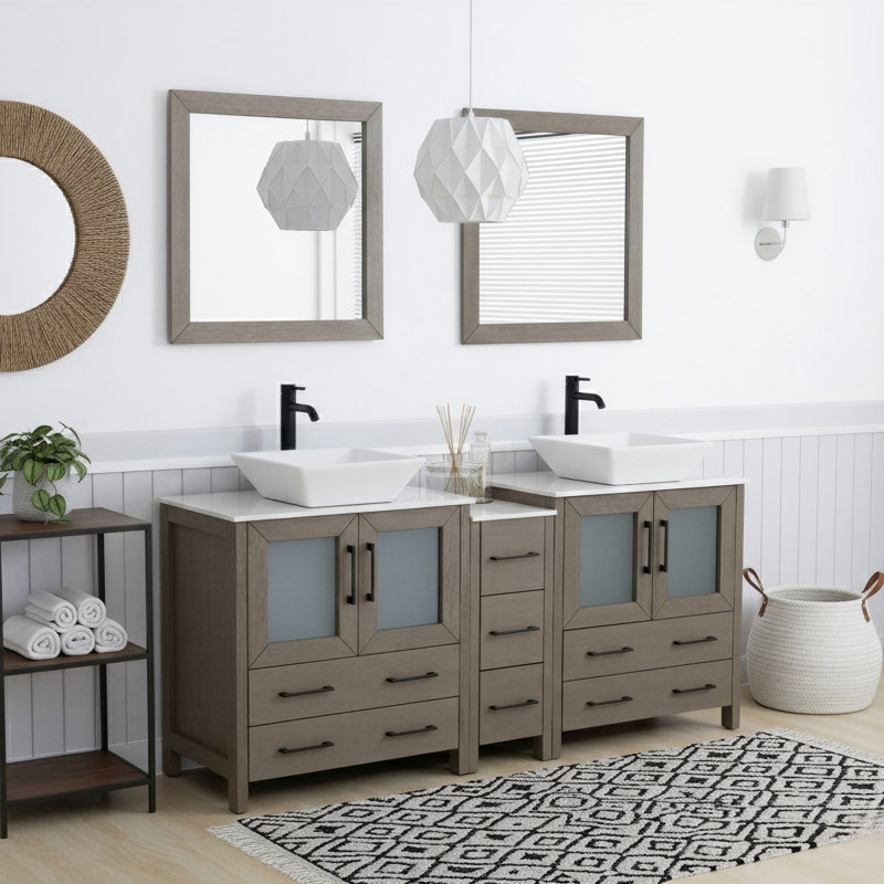 Ravenna 72" Freestanding Double Sink Bathroom Vanity with Engineered Marble Top and Matching Mirrors, Driftwood Gray