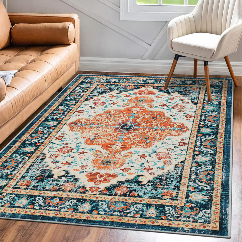 Tapis oriental antidérapant Boho, Rectangle 6 pi x 9 pi, Bleu / Orange