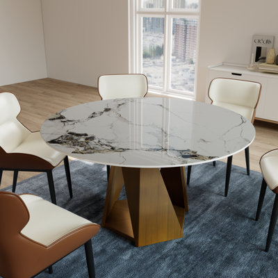 Table de salle à manger ronde 53 po en marbre avec base en fer artificiel bronze pour 6 personnes, table tournante en pierre artificielle blanche 23,62 po (table de salle à manger seulement)