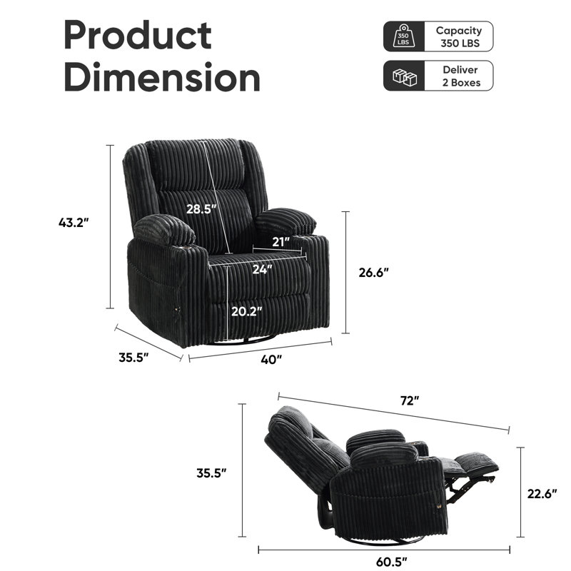 Manual Recliner With Armrest Storage, Featuring An Adjustable Headrest, Phone Holder, And Side Pockets, Dark Gray Corduroy