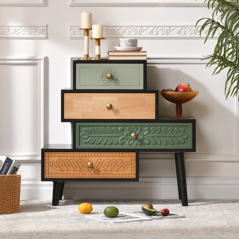 Cayden Farmhouse 4-Drawer Rustic Natural Wood Accent Chest,Handcrafted Cabinet, Black