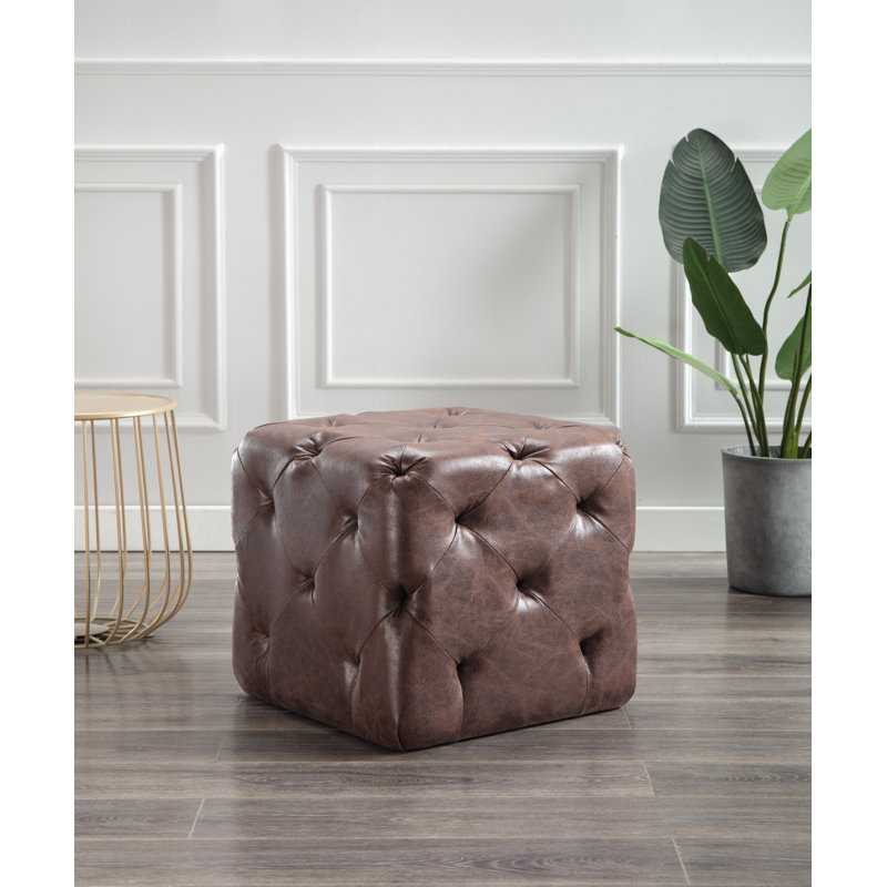 Rayshawn Faux Leather Ottoman, Walnut Brown Faux Leather