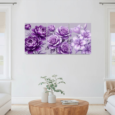 Ensemble de 3 tableaux muraux sur toile tendue représentant des pivoines violettes, des roses et des lys