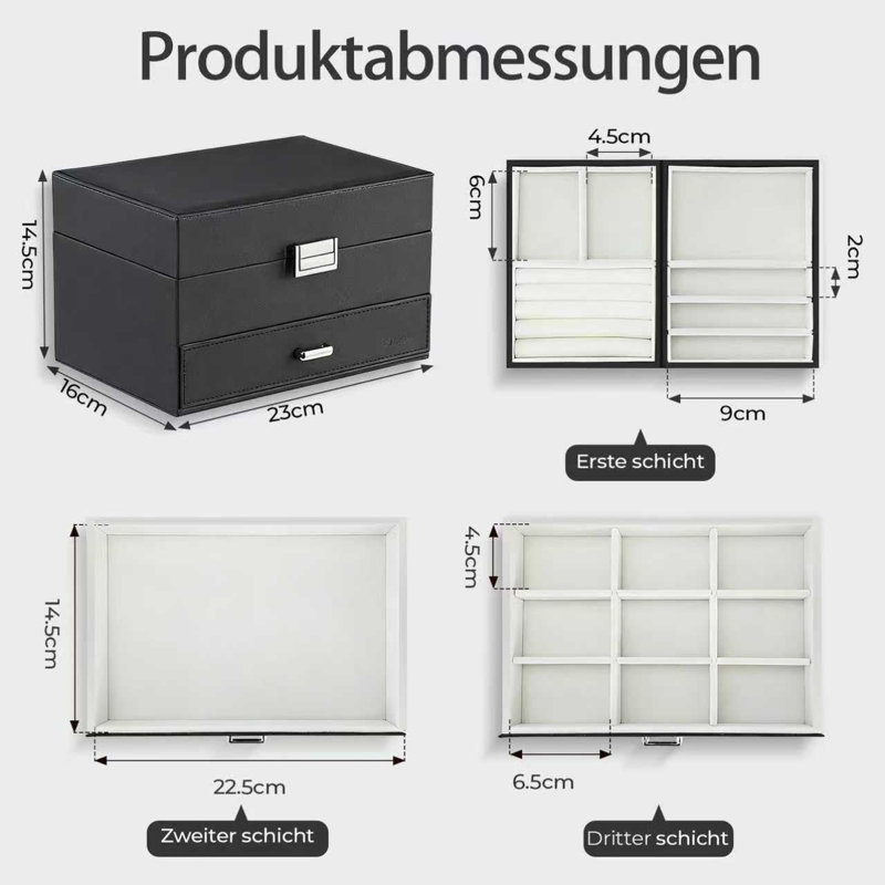3-Layer Large Jewellery Storage Case with Drawer, Black